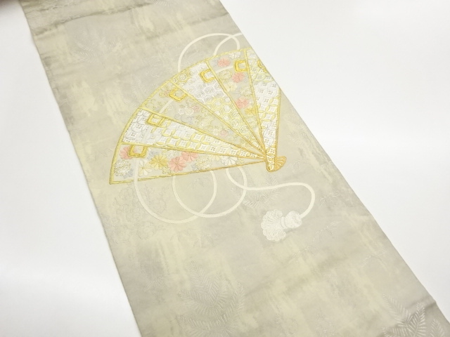 扇子に桐・菊・七宝・亀甲模様織出し袋帯